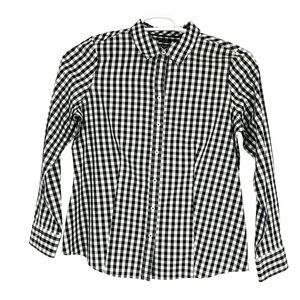 Talbots Women Button Up Blouse Size 2 P‎ Long Sleeve Black Gingham Check Shirt